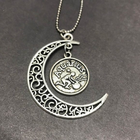 Aquarius ♒️ Filigree Crescent Moon Pendant - Picture 1 of 8
